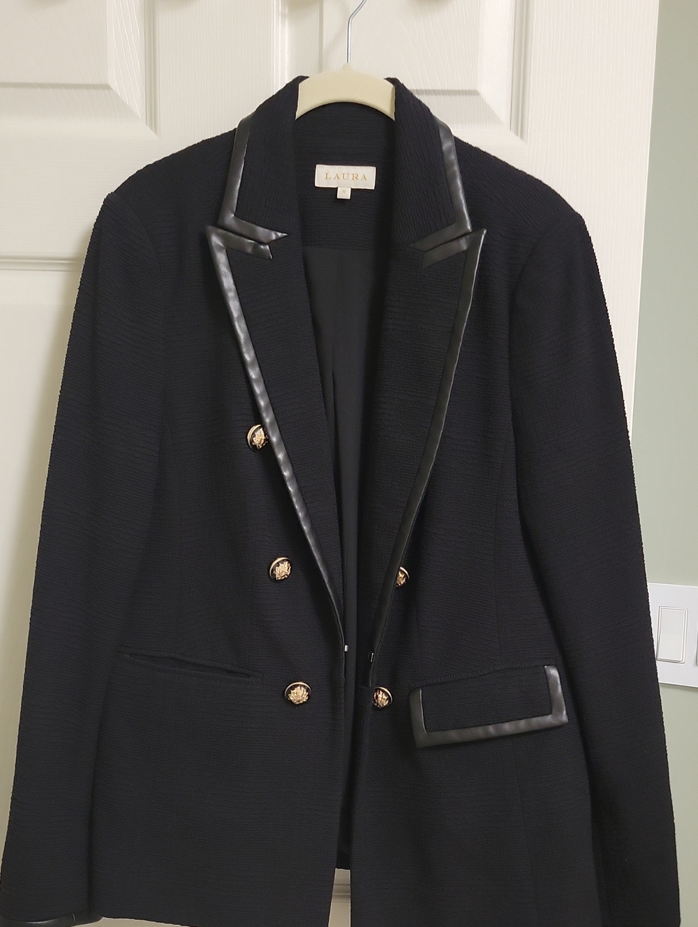 Laura Black Double-Breasted Blazer with Faux Leather Trim